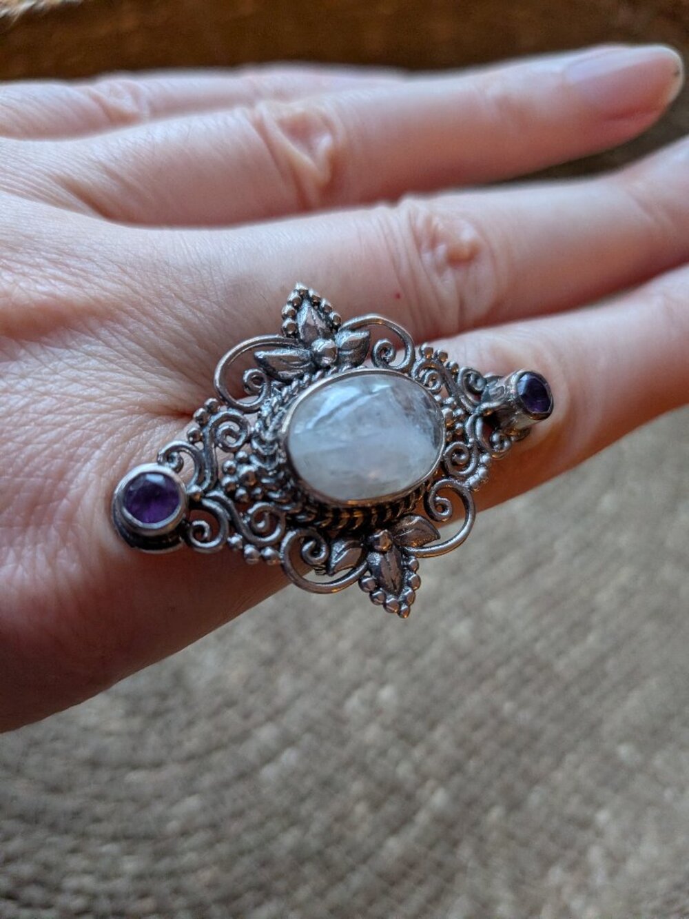 Sterling Silver Moonstone and Amethyst Ring size 6.5-6.75